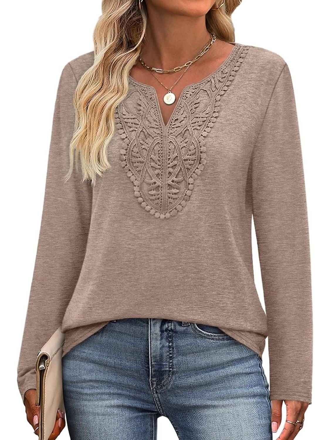 ✨Women Dressy Casual Lace V Neck Long Sleeve Shirts Blouses (Buy 3 Free Shipping)
