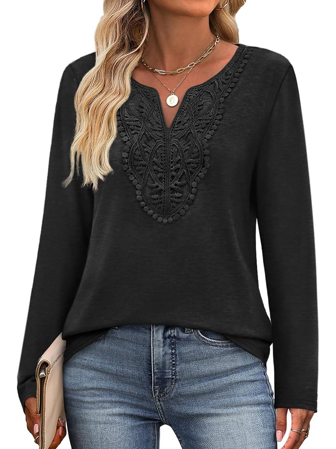 ✨Women Dressy Casual Lace V Neck Long Sleeve Shirts Blouses (Buy 3 Free Shipping)