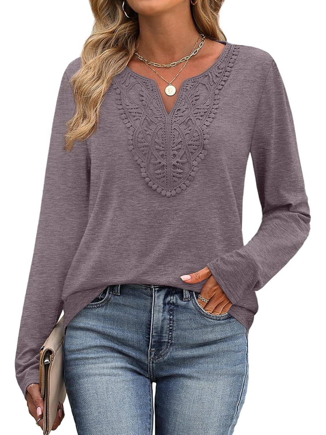 ✨Women Dressy Casual Lace V Neck Long Sleeve Shirts Blouses (Buy 3 Free Shipping)