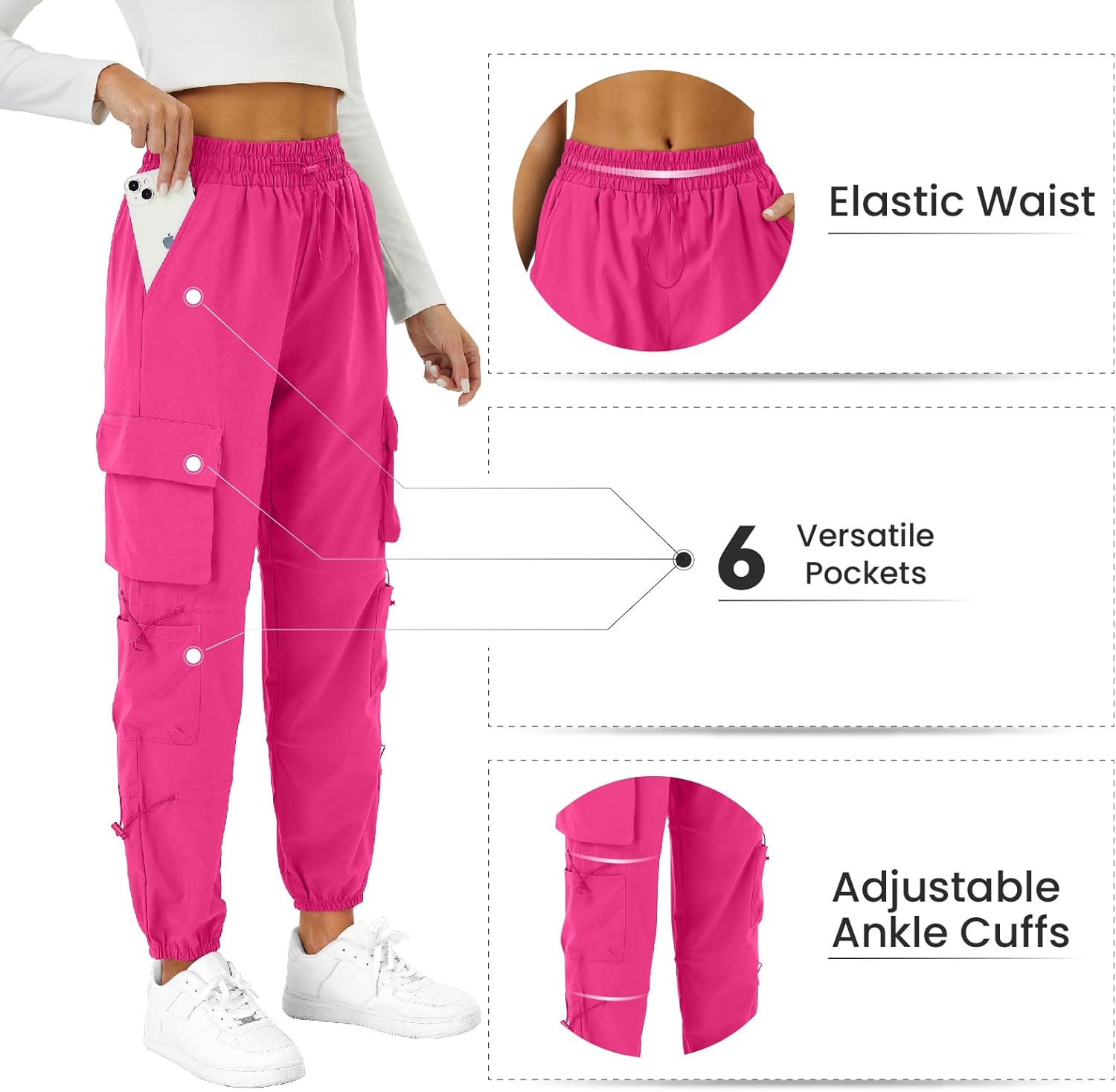 Womens Parachute Cargo Pants with Pockets Quick Dry Hiking Pants Lightweight Water-Resistant Baggy Joggers
