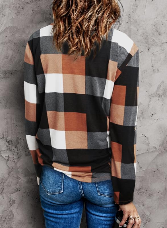 ✨Women's V Neck Plaid Print Cuffed Long Sleeve Shirt