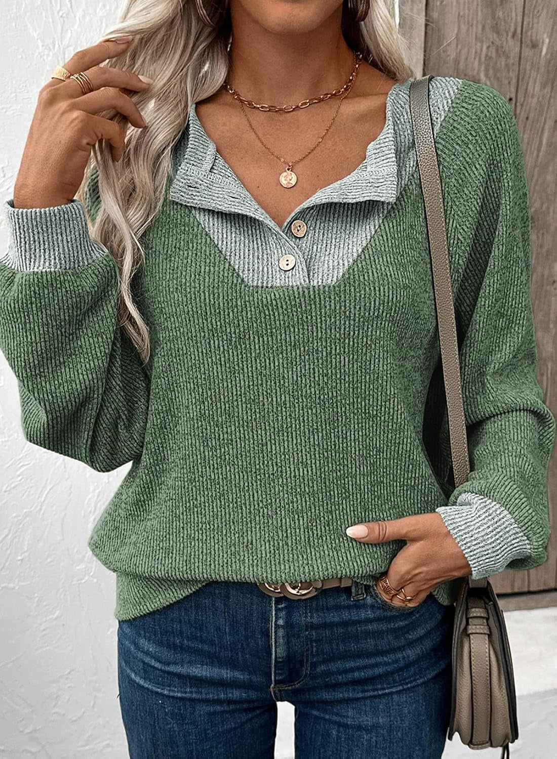 ✨Women's Colorblock Button Up V Neck Long Sleeve Casual Sweatshirts