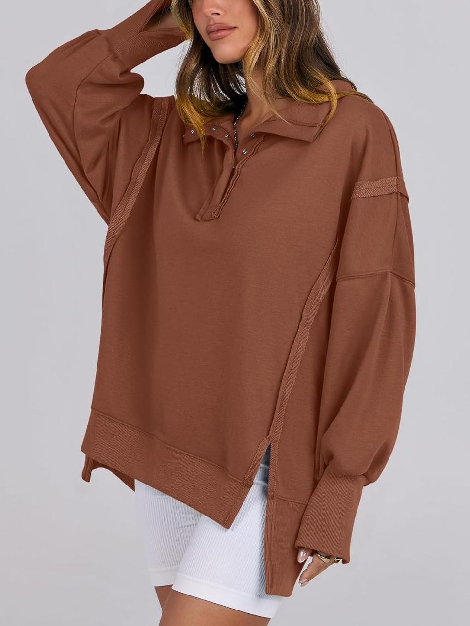 ✨Women's Oversized High Low Split Button Up Henley Pullover Top