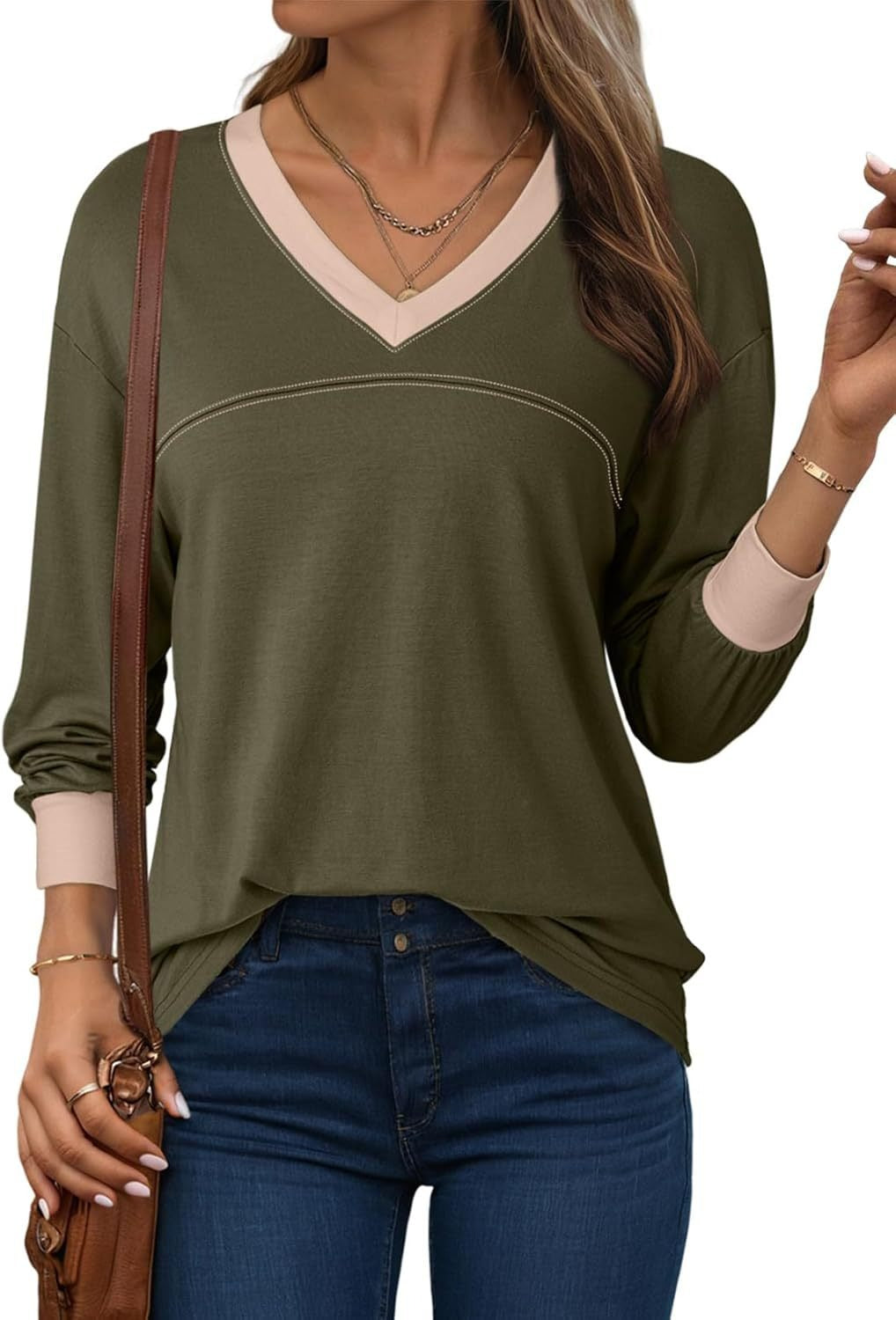 Women's Loose V-Neck Long Sleeve Colorblock T-shirt (Buy 2 Free Shipping)